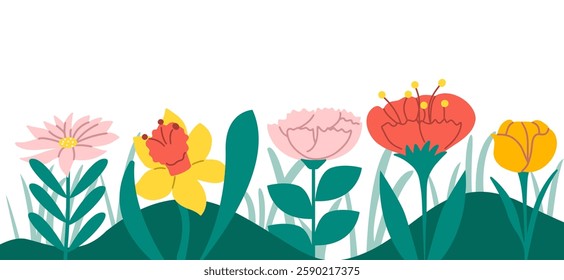 White backdrop with blooming summer flowers. Floral hand drawn banner. Vector botanical illustration