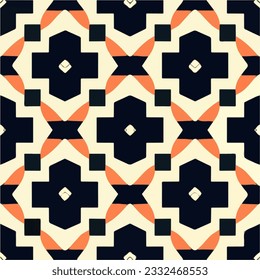 El fondo blanco muestra un diseño Art Deco impecable y elegante en negro y naranja, añadiendo un toque de sofisticación a este diseño de tejido geométrico.