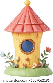 a white backdrop, a small birdhouse is adorned with a yellow body, a red roof, and a circular window in the middle. 