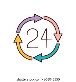 white background with 24 hours arrow circle icon and black contour vector illustration
