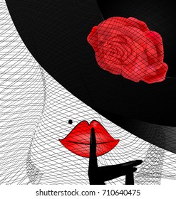 white background and abcstract outlines womans face with black hat, flower and dark veil