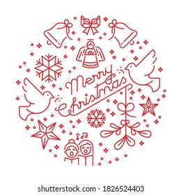 White background about Christmas with red line icons. Circle winter holidays greeting card