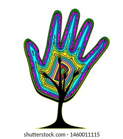 white background and abstract color tree, lines with hands