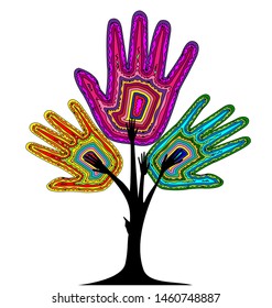 white background and abstract color tree, hands with lines