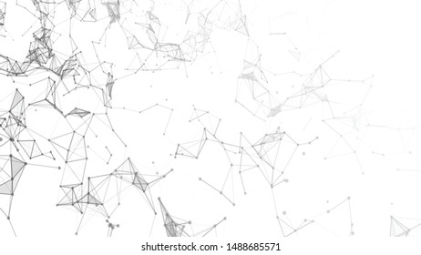 White background. Abstract composition with connecting dots and lines and triangles. Plexus effect.