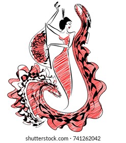 white background and abstract image of Spanish dancer in red-black dress