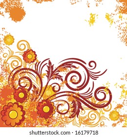 White background with   abstract orange and yellow flowers and  branches