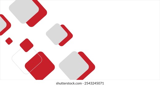 White background with abstract red grey square decoration.