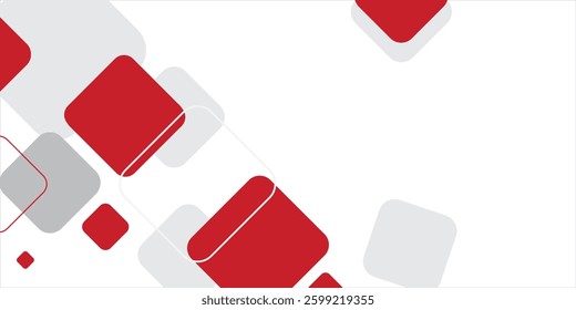 White background with abstract red grey square decoration.