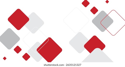 White background with abstract red grey square decoration.
