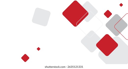 White background with abstract red grey square decoration.
