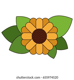 white background with abstract sunflower with leaves in closeup and thick contour vector illustration