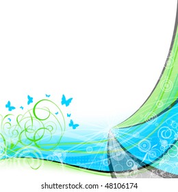 white background with abstract wavy blue and green lines, ornament with butterfly, transparent bands and circles