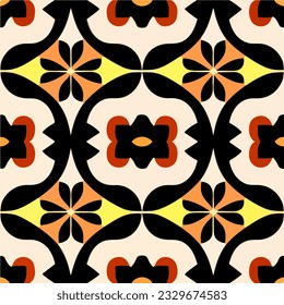 White background adorned with a striking black and orange flower pattern, reminiscent of art deco design, forming a seamless and repeating fabric pattern.
