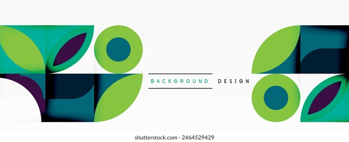 The white background is adorned with a vibrant, intricate geometric pattern in green and blue, featuring circles and squares