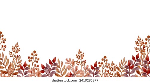 White background with autumn leaves, herbs on the bottom