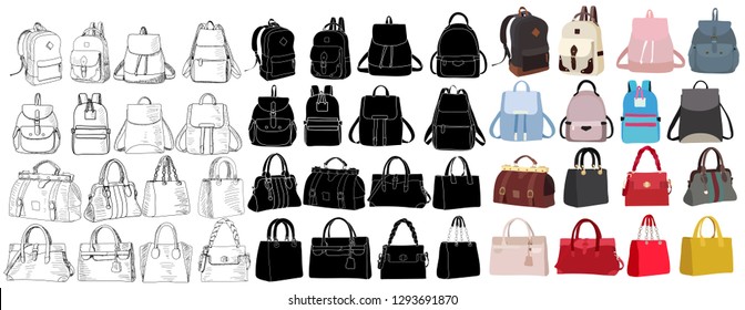 white background, bag and backpack fashionable women, set