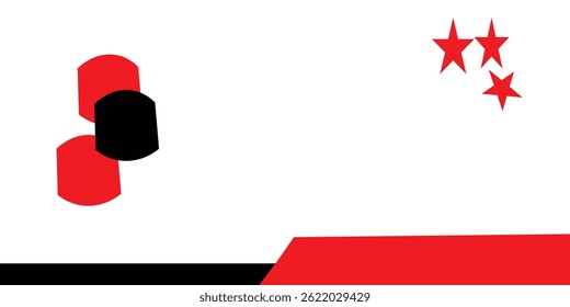 White background banner with additional red and black hexagon shapes.