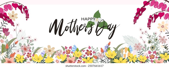 White Background Banner with Flower Border Frame,Mother's day Card Flora Spring FLower on Pink Background,Vector illustration poster design cute cartoon nature tamplate 