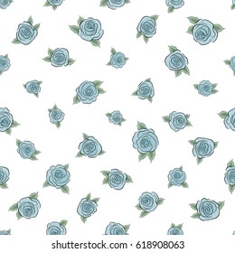 White background. Beautiful vector seamless pattern in small abstract blue and green rose flowers.
