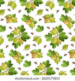 White background with bees and gooseberries.Vector seamless pattern of gooseberries on a white background with bees.