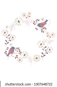 White background with birds and flowers in the form of a circle