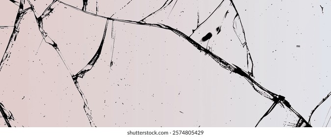 White background with black abstract lines, creating a cracked texture. The background is minimalist with a white and black color scheme. Cracked glass background vector. Pink background.