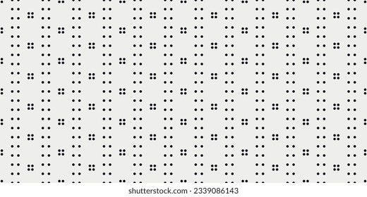 White background with black dots. Grid of four dots and vertical lines of dots. Design for textile, fabric, clothing, curtain, rug, batik, ornament, background, wrapping.