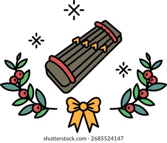 A white background with a black and white drawing of a cake. The cake is surrounded by a wreath of leaves and a bow