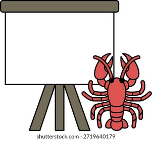 Um fundo branco com um desenho preto e branco de um caranguejo em um suporte. O caranguejo está olhando para a câmera