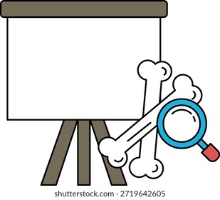 A white background with a black and white drawing of a skeleton and a magnifying glass. The skeleton is surrounded by bones and the magnifying glass is on top of the bones