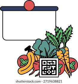 Un fondo blanco con un dibujo en blanco y negro de verduras y un cartel que dice "Comida". Las verduras incluyen zanahorias, brócoli y un plátano