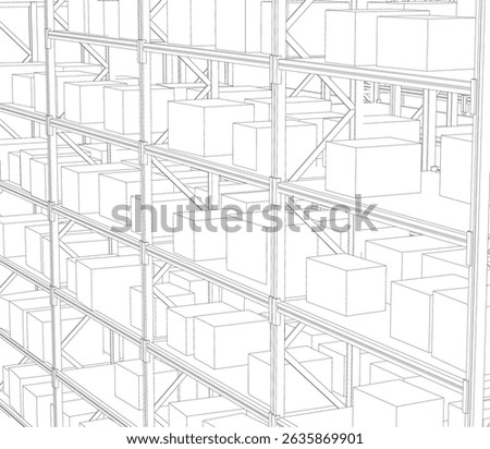 A white background with a black and white drawing of a warehouse with shelves. The shelves are filled with boxes and the boxes are stacked in a way that they are not touching each other