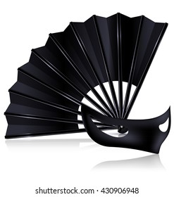 white background and the black fan with dark half-mask