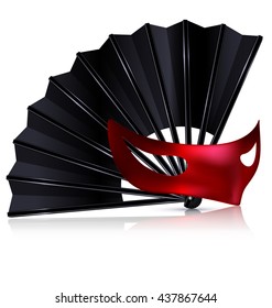 white background and the black fan with red half-mask