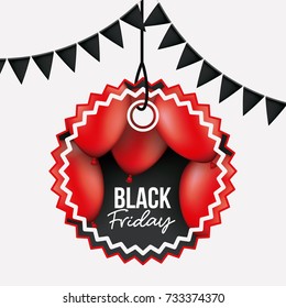 white background with black festoons and pendant sun shape tag of black friday offer with red balloons and black backdrop vector illustration