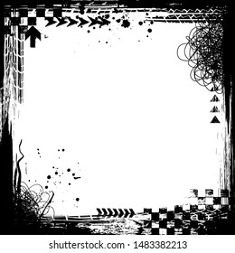 White background with black grunge square frame with tire tracks and ink splash