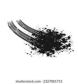 White background with black grunge tire tracks and ink blots splash