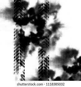 White background with black halftones and tire tracks