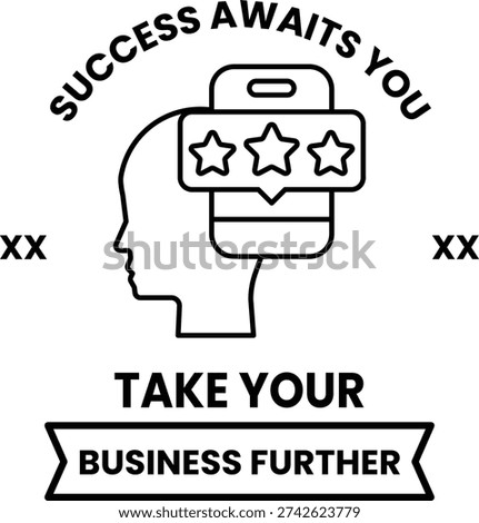 A white background with a black head and a black box with three stars. The box has the words "success awaits you" written on it