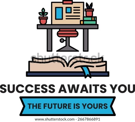 A white background with a black and white image of a book with a ribbon around it. The ribbon says "success awaits you" and the book is open