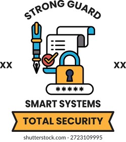 Un fondo blanco con una Imagen en blanco y negro de un bolígrafo y una almohadilla de papel con un candado. La Imagen se titula "Strong Guard Smart Systems Total Security"