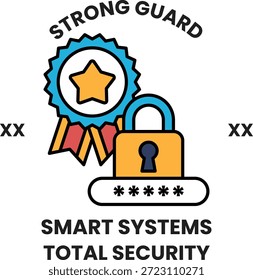 Um fundo branco com uma imagem em preto e branco de uma estrela e um cadeado. A imagem é intitulada "Strong Guard" e está relacionada a sistemas inteligentes e segurança total