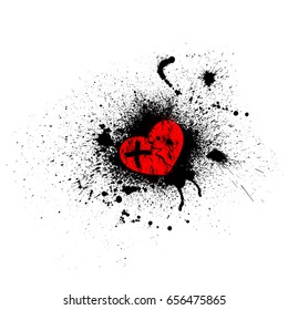 White background with black ink blots and red heart symbol