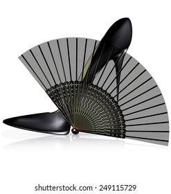 white background and the black ladys shoe with fan