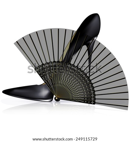 white background and the black ladys shoe with fan