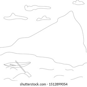 White background, black lines. Simple linear drawing. Clouds, water, boat, oars, mountain, waves. For social networks, printing on clothes, bag, on fabric, on paper. Can be used as a  coloring book.