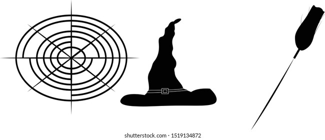 White background, black objects related to Halloween. Unusual web, hat with a belt and buckle, broomsticks with protruding hair.