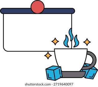 A white background with a black outline of a cup of coffee with ice cubes and a white outline of a projector screen