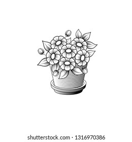 White background with black outline flower in pot